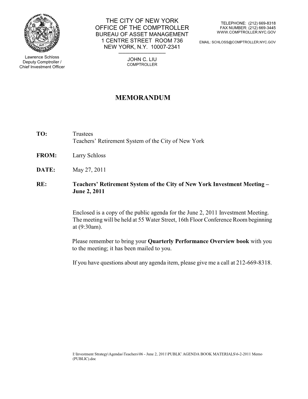 June 2, 2011 Investment Meeting Agenda