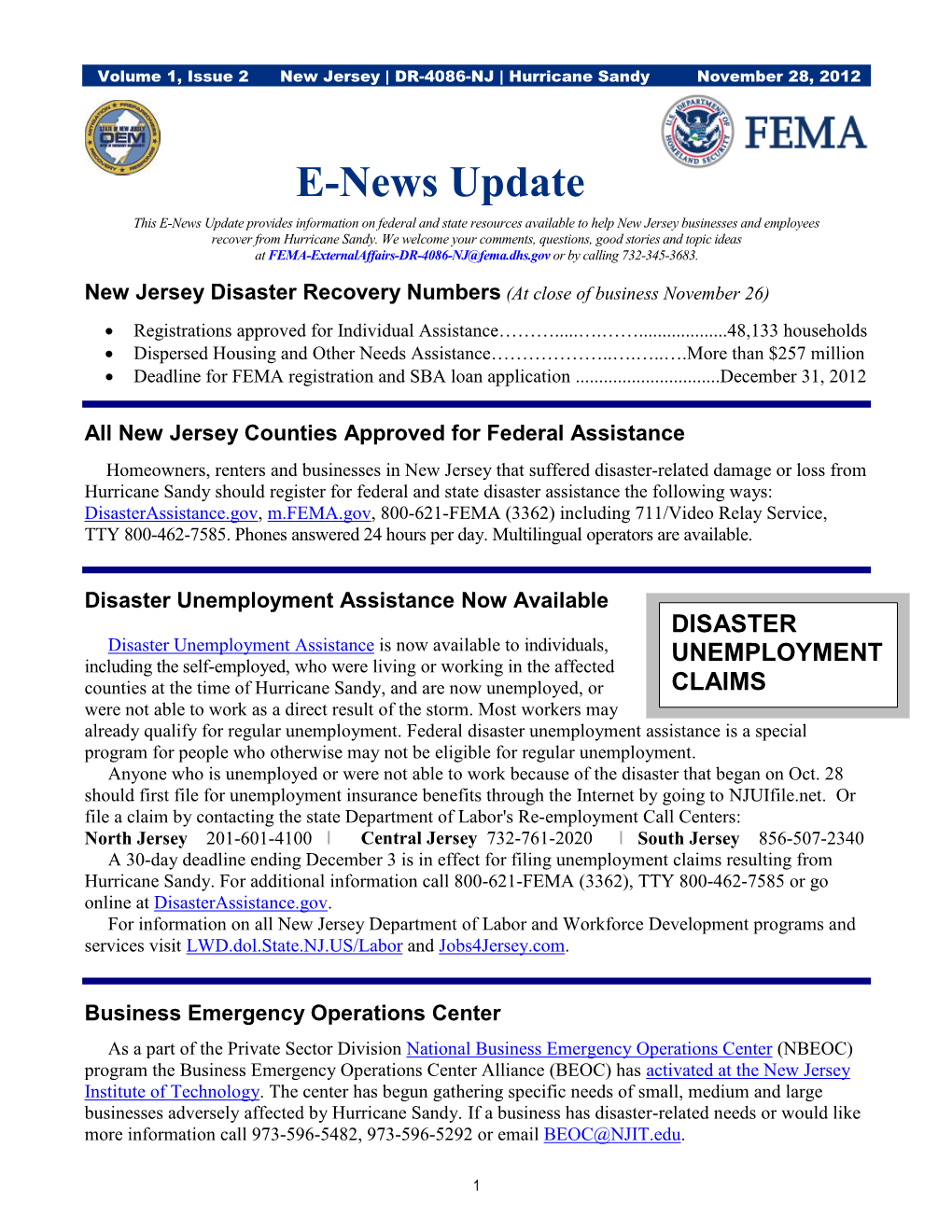 Volume 1, Issue 2 New Jersey | DR-4086-NJ | Hurricane Sandy November 28, 2012