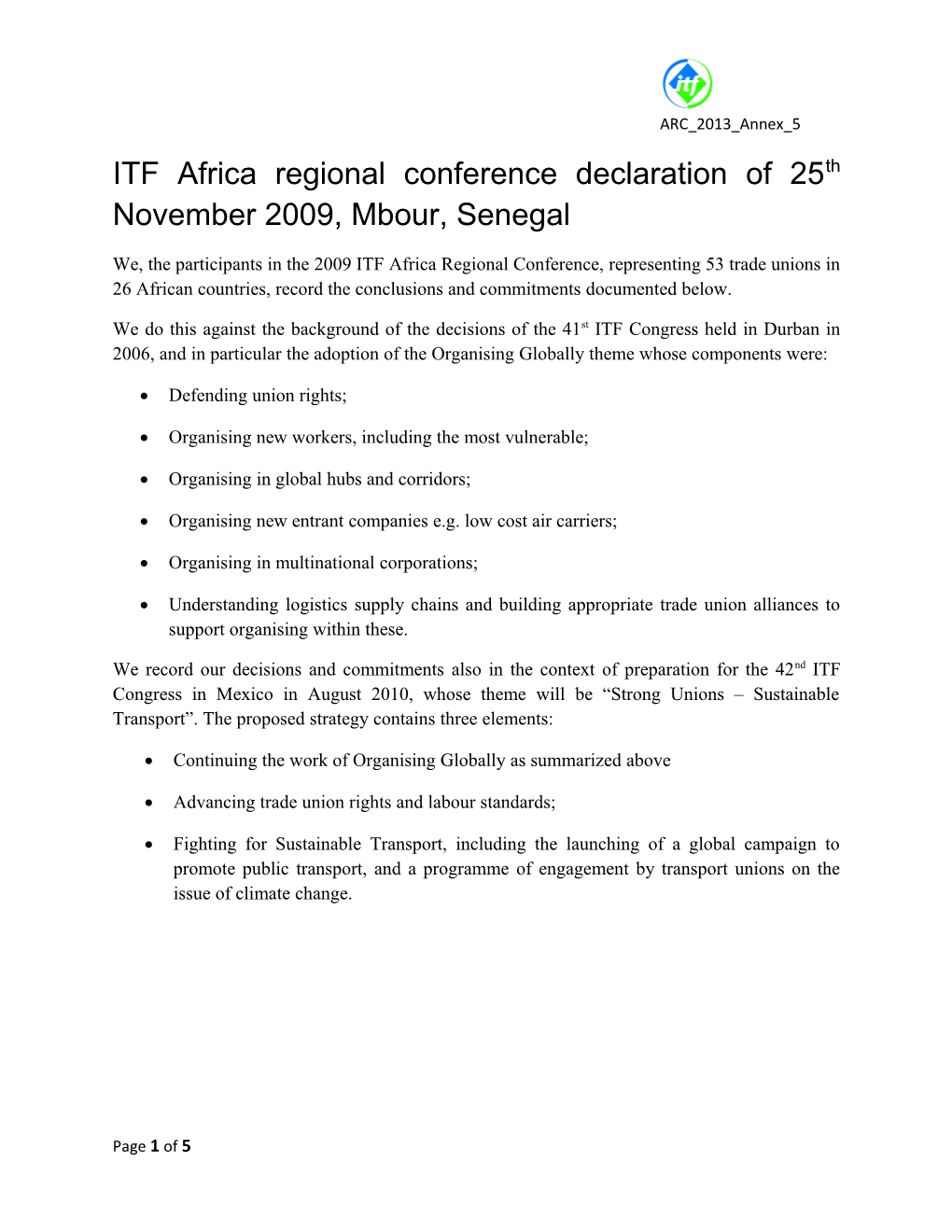 ITF Africa Regional Conference Declaration of 25Th November 2009, Mbour, Senegal