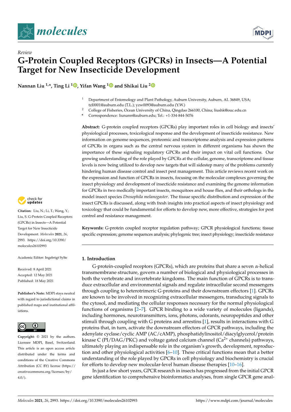 G-Protein Coupled Receptors (Gpcrs) in Insects—A Potential Target for New Insecticide Development