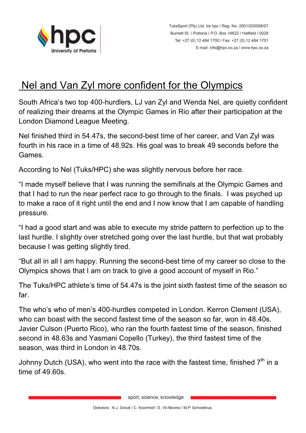 Nel and Van Zyl More Confident for the Olympics