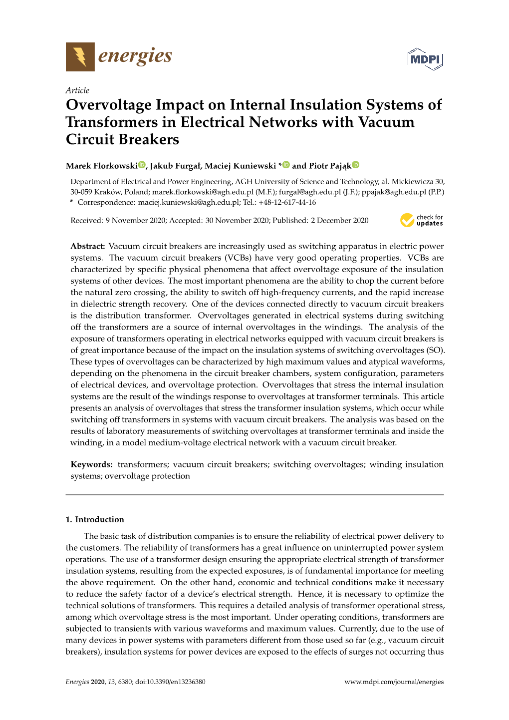 Overvoltage Impact on Internal Insulation Systems of Transformers in Electrical Networks with Vacuum Circuit Breakers