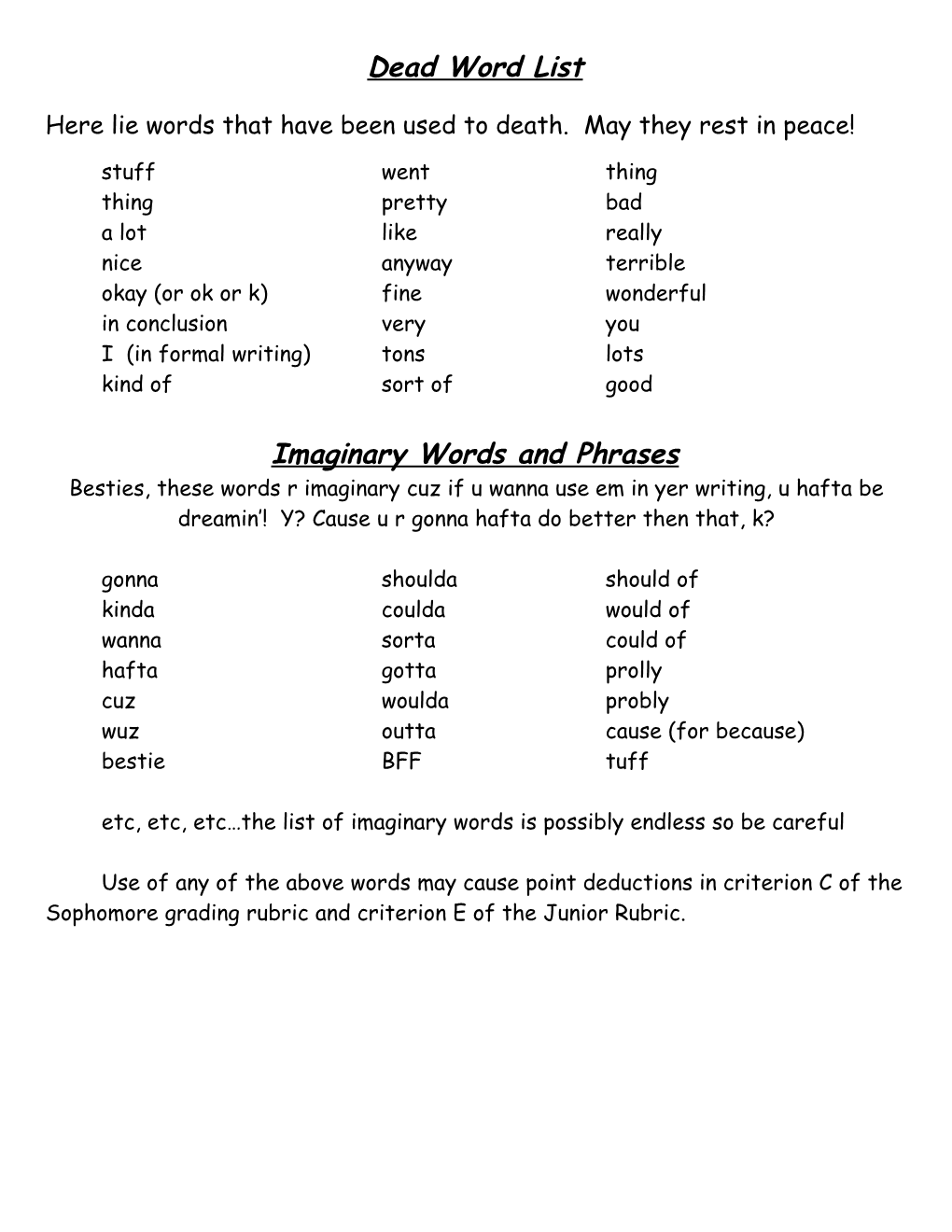 Dead Word List