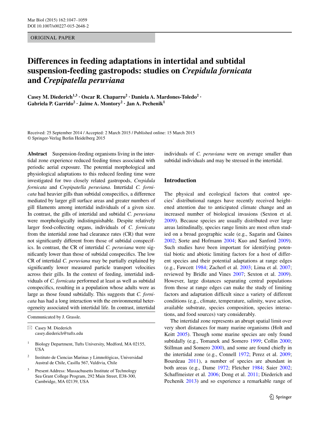 Differences in Feeding Adaptations in Intertidal and Subtidal Suspension‑Feeding Gastropods: Studies on Crepidula Fornicata An