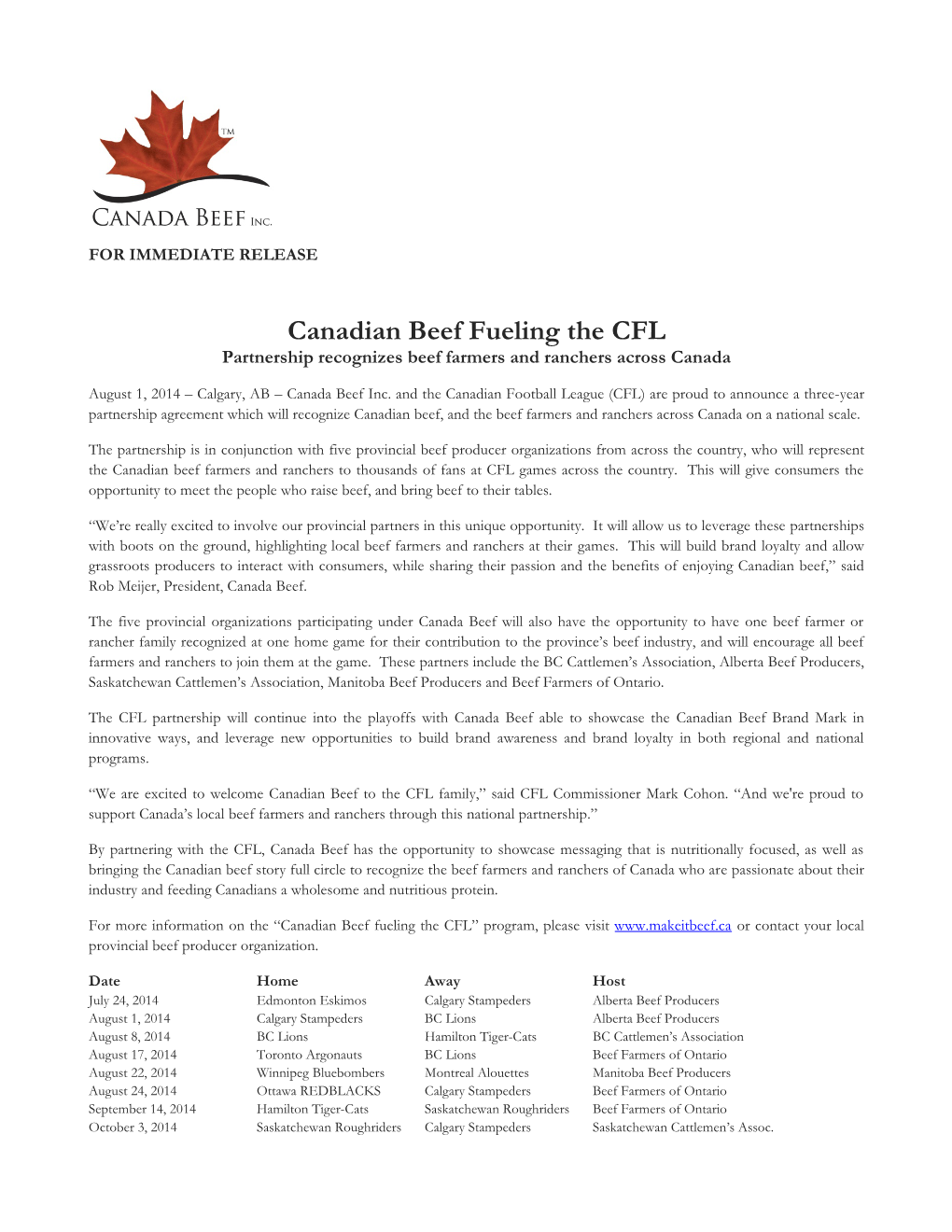 Canadian Beef Fueling the CFL Partnership Recognizes Beef Farmers and Ranchers Across Canada