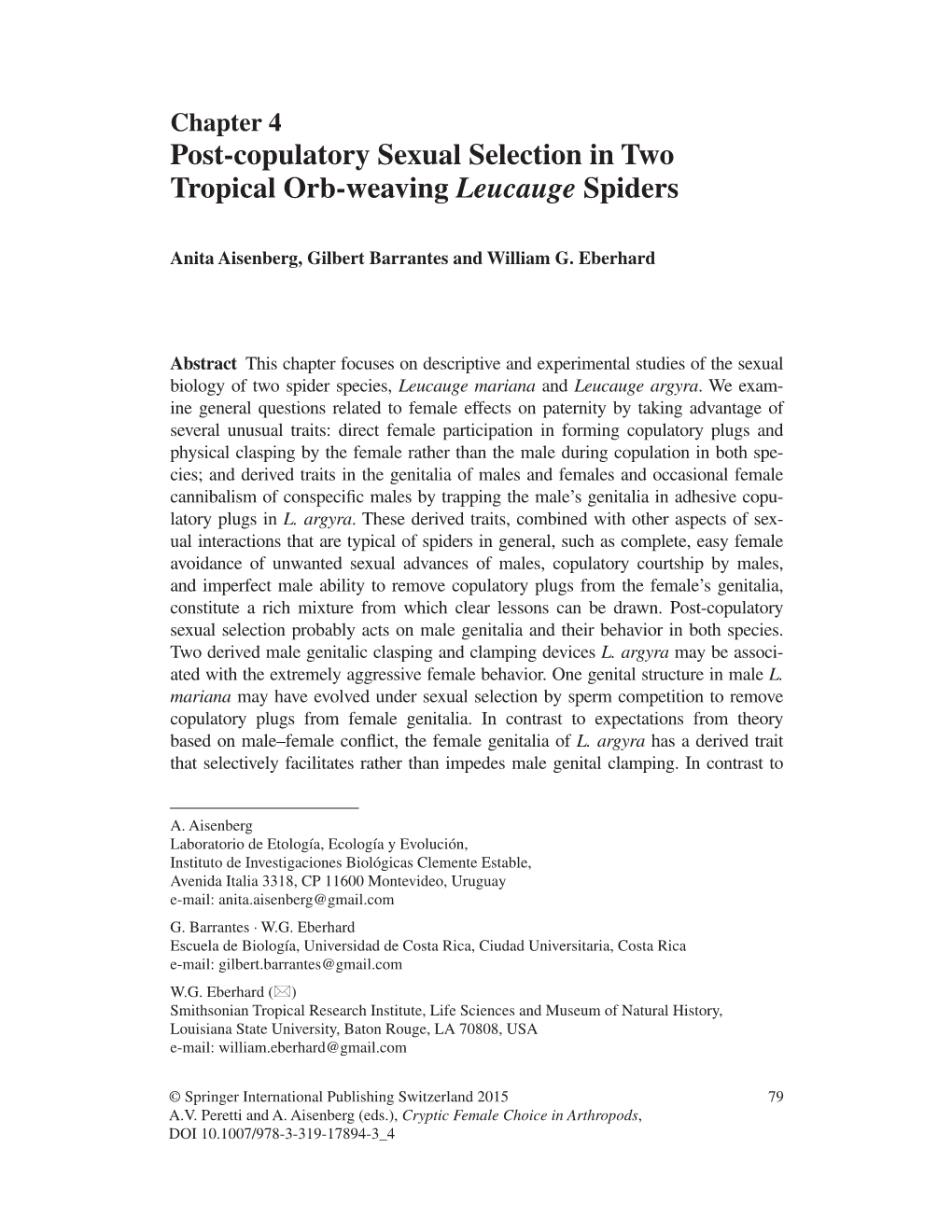 Post-Copulatory Sexual Selection in Two Tropical Orb-Weaving Leucauge Spiders