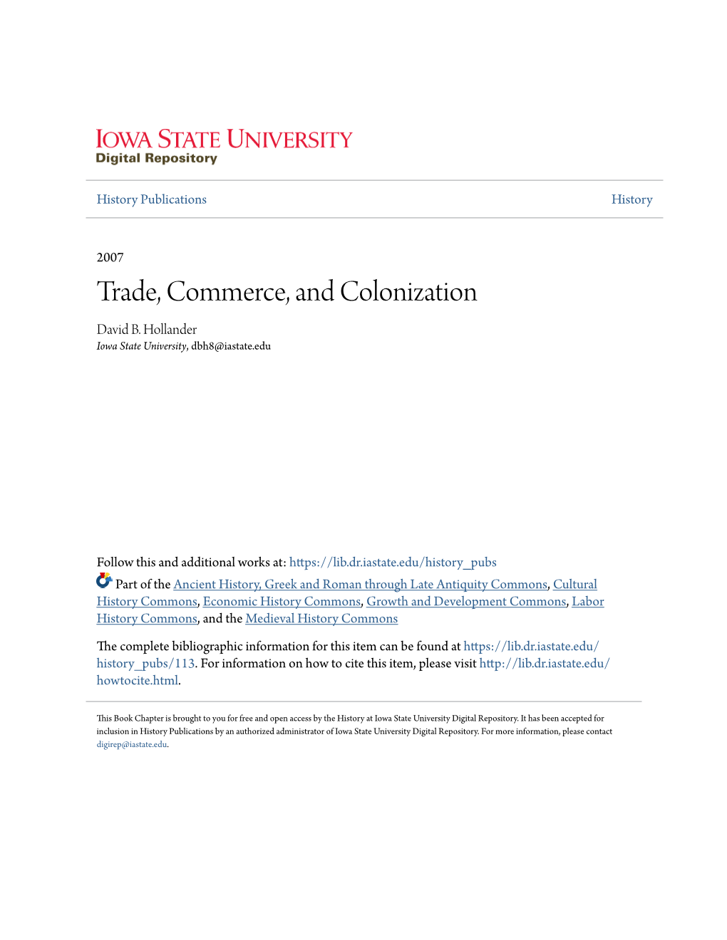 Trade, Commerce, and Colonization David B