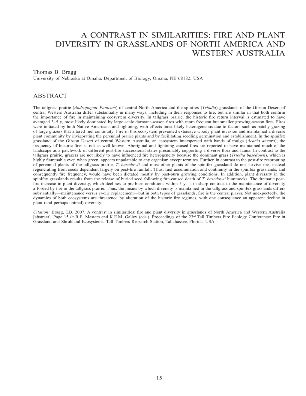 Fire and Plant Diversity in Grasslands of North America and Western Australia