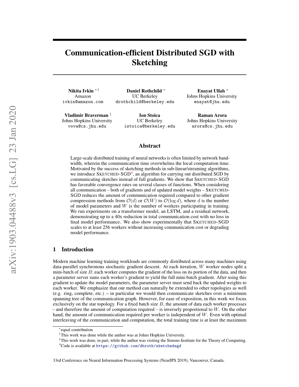 Communication-Efficient Distributed SGD with Sketching