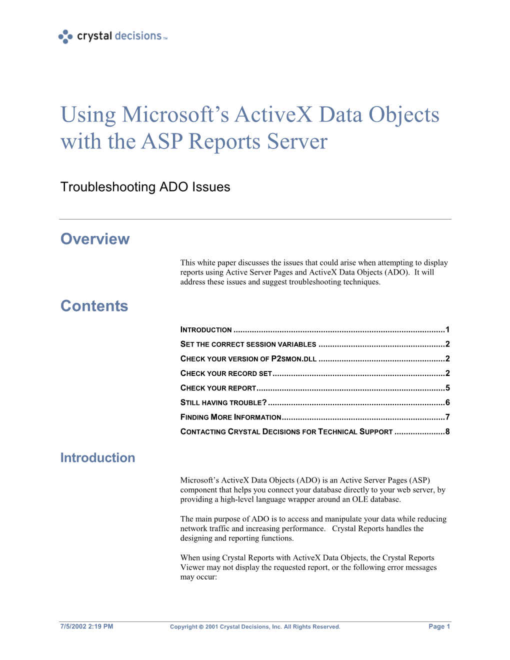 Using Microsoft's Activex Data Objects with the ASP Reports Server