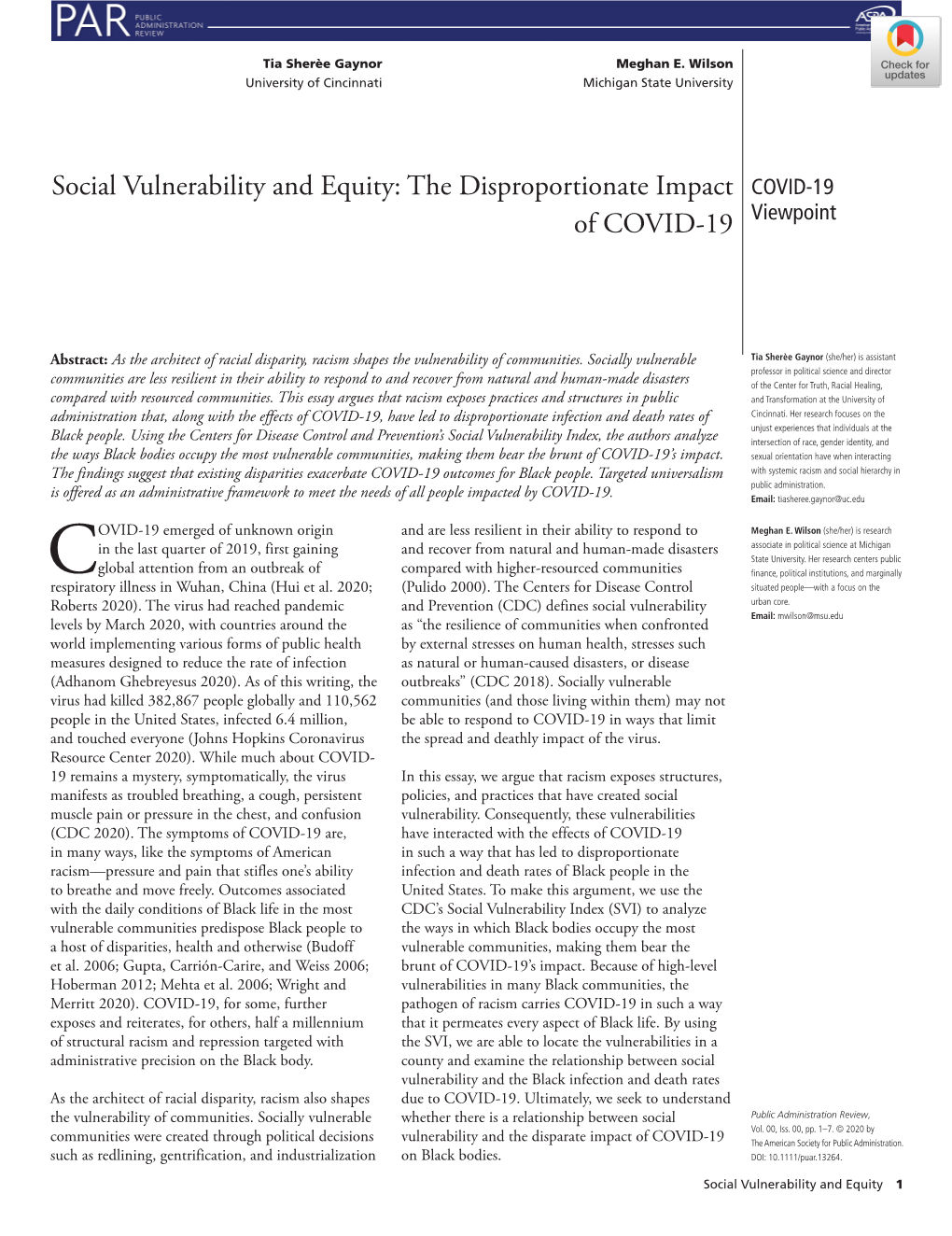 Social Vulnerability and Equity: the Disproportionate Impact of COVID‐19