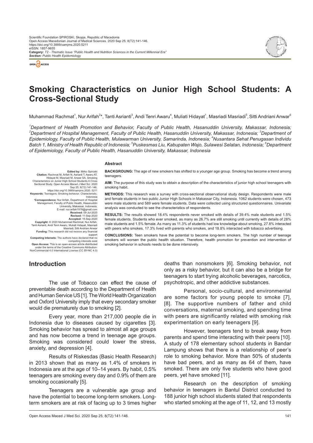 Smoking Characteristics on Junior High School Students: a Cross-Sectional Study
