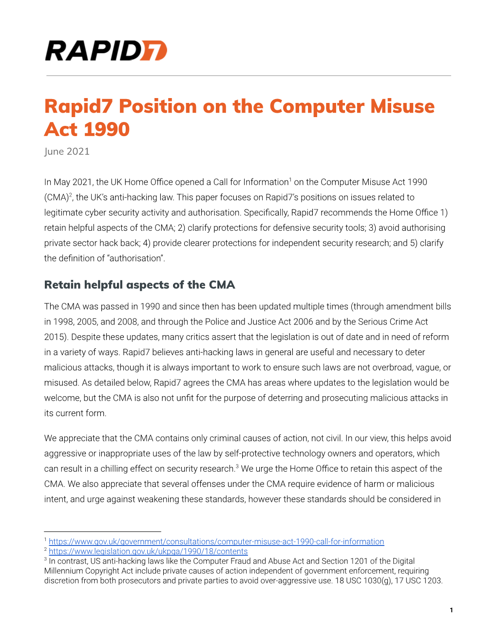 Rapid7 Position on the Computer Misuse Act 1990 June 2021