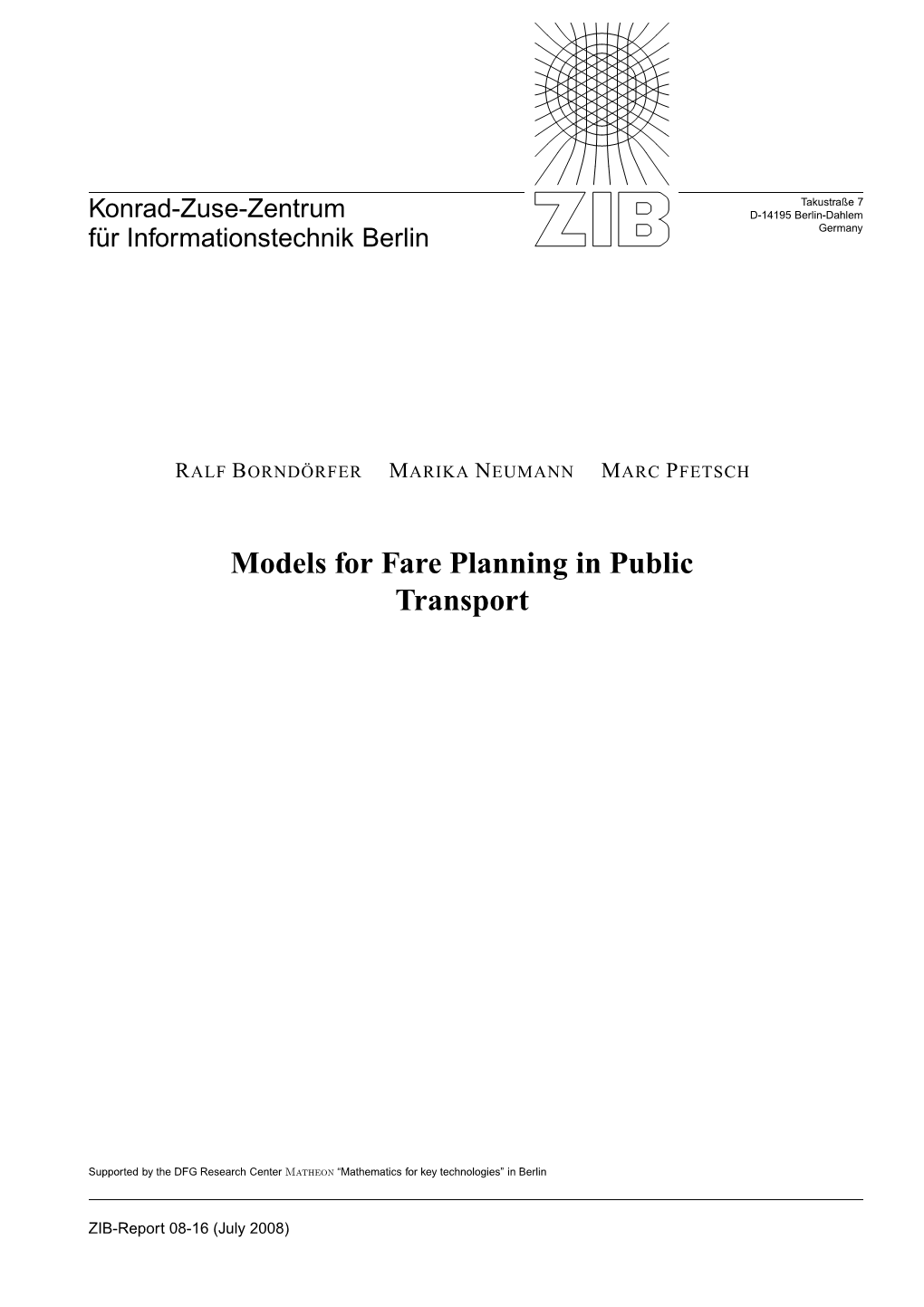 Models for Fare Planning in Public Transport