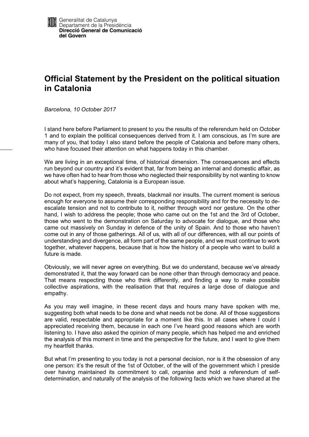 Official Statement by the President on the Political Situation in Catalonia