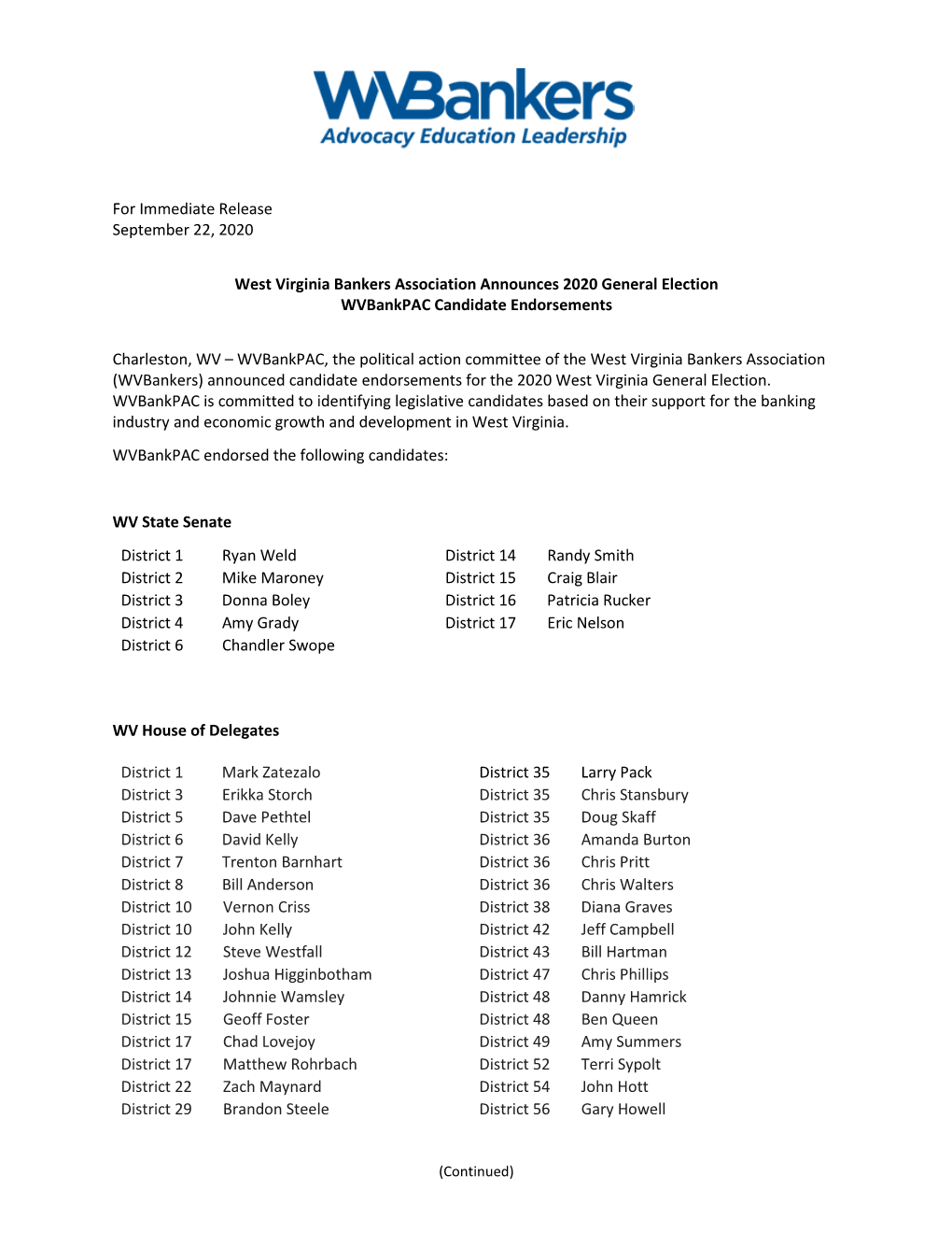 For Immediate Release September 22, 2020 West Virginia Bankers