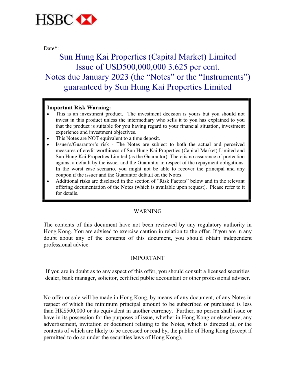 Sun Hung Kai Properties (Capital Market) Limited Issue of USD500,000,000 3.625 Per Cent