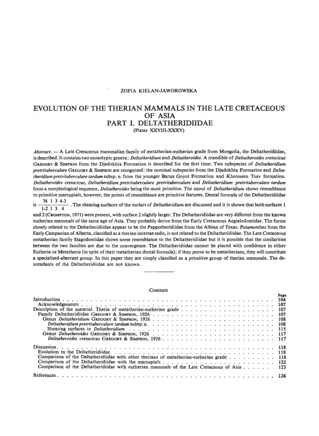 Evolution of the Therian Mammals in the Late Cretaceous of Asia Part I