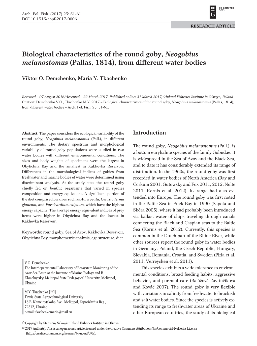 Biological Characteristics of the Round Goby, Neogobius Melanostomus (Pallas, 1814), from Different Water Bodies