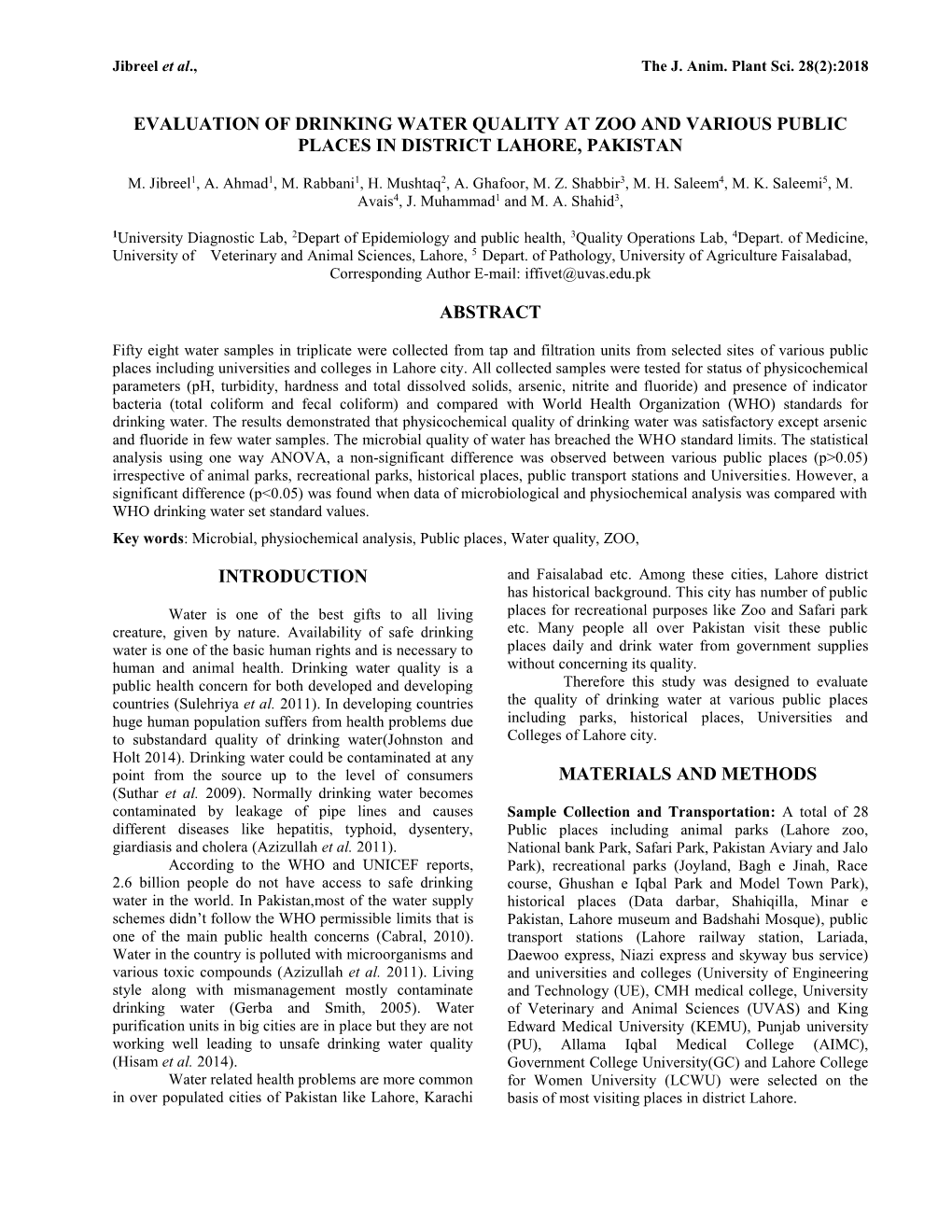 Evaluation of Drinking Water Quality at Zoo and Various Public Places in District Lahore, Pakistan