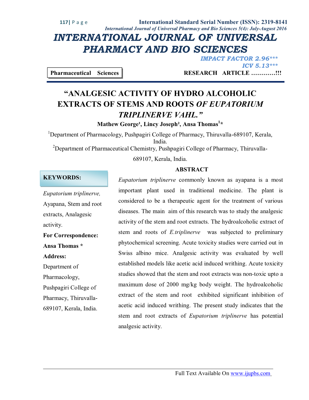 Analgesic Activity of Hydro Alcoholic Extracts of Stems and Roots Of