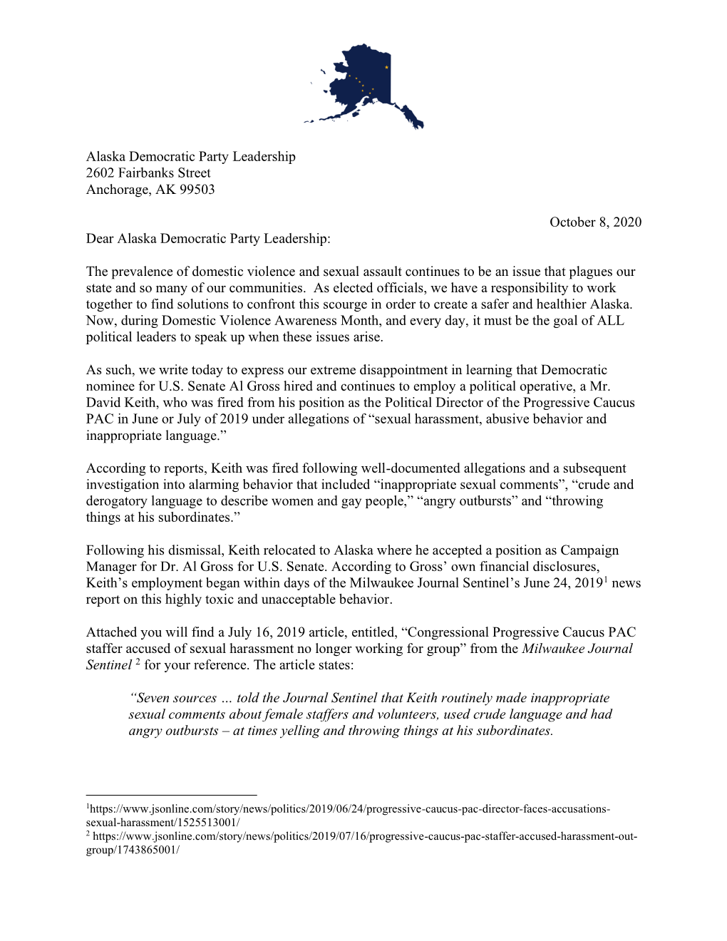 Sent a Letter to the Alaska Democratic Party Leadership Voicing Their Serious Concerns