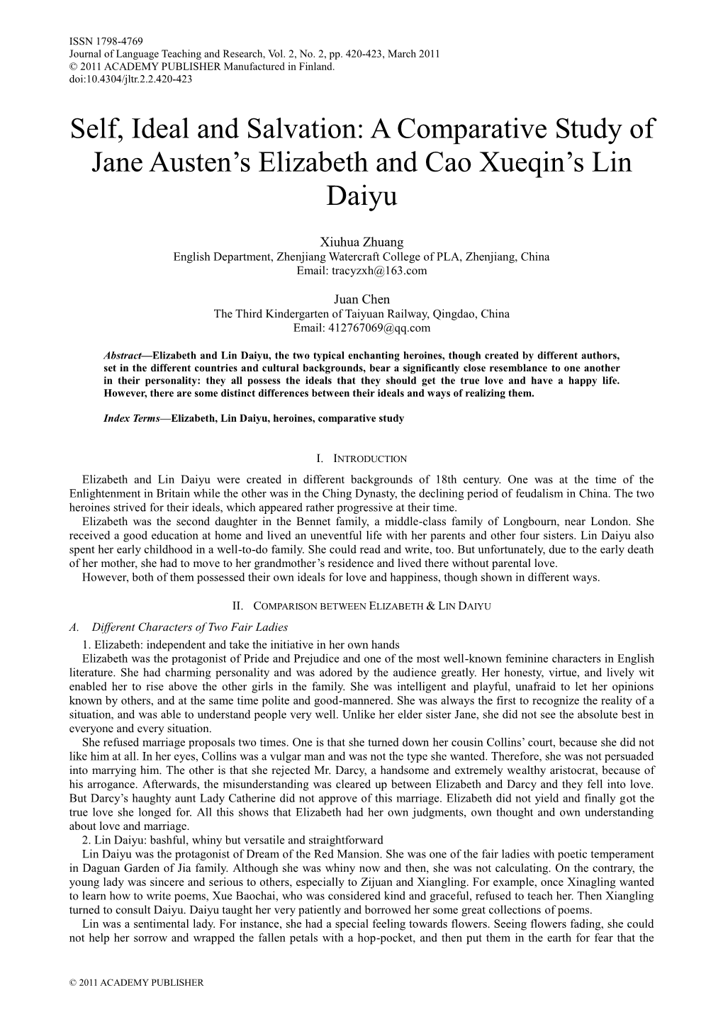 A Comparative Study of Jane Austen's Elizabeth and Cao Xueqin's Lin