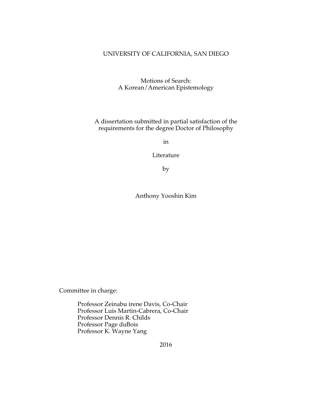 A Korean/American Epistemology a Dissertation