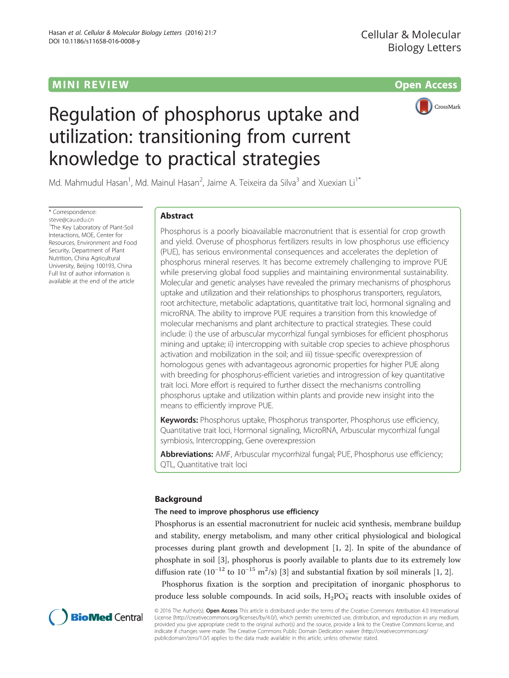 Regulation of Phosphorus Uptake and Utilization: Transitioning from Current Knowledge to Practical Strategies Md