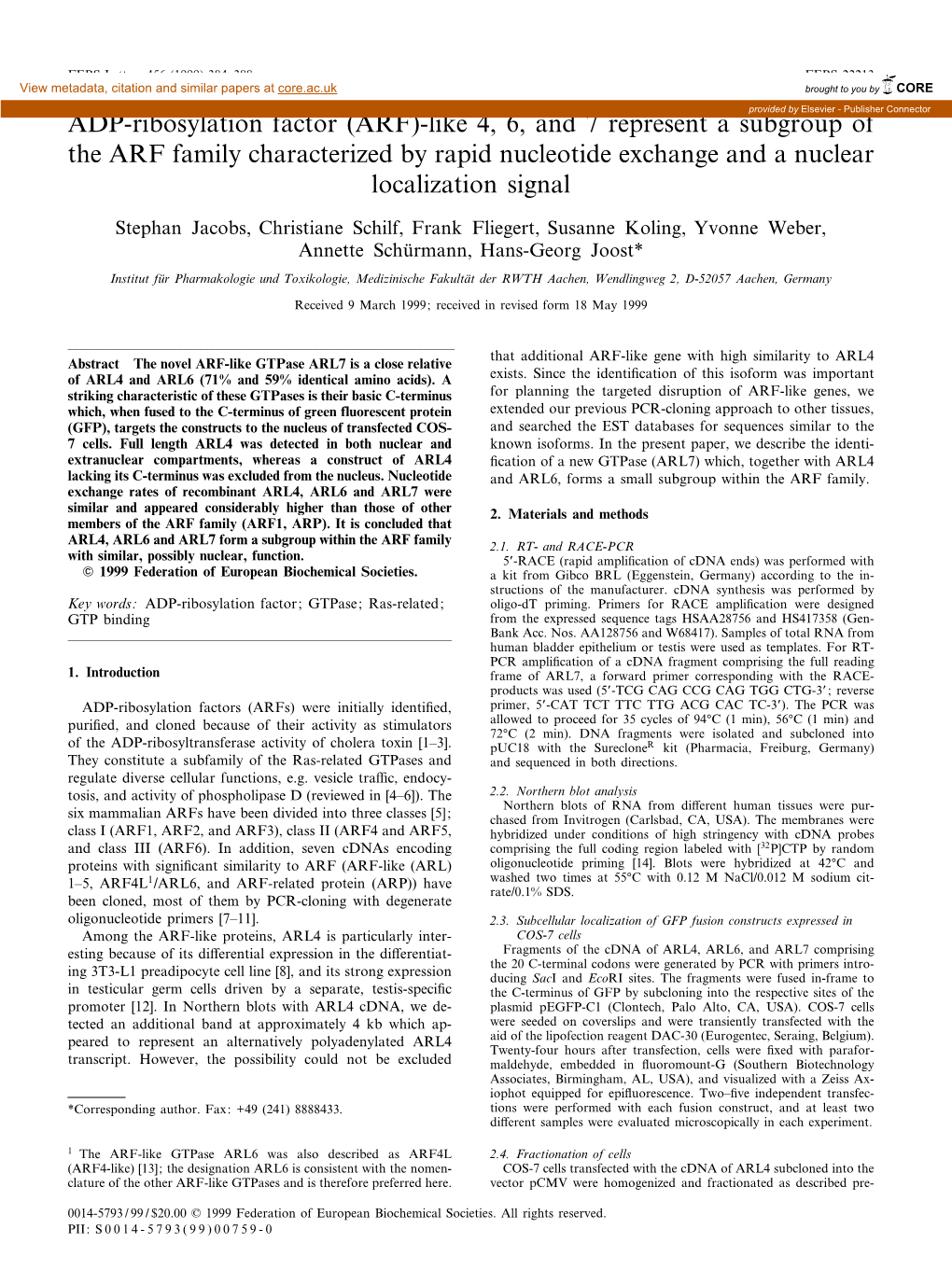 ADP-Ribosylation Factor (ARF)-Like 4, 6, and 7 Represent a Subgroup Of