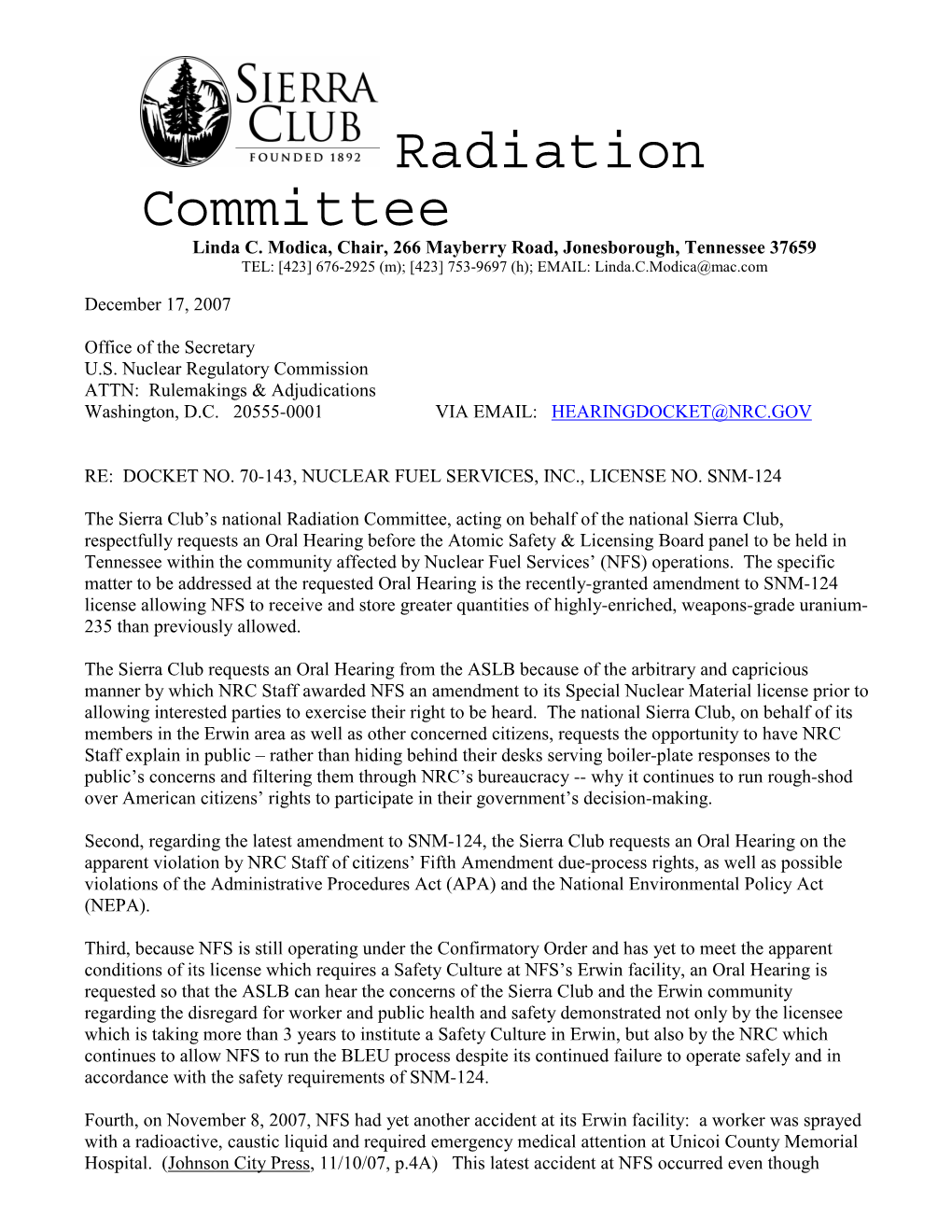 2007/12/17-Hearing Request of Linda Cataldo Modica on Behalf of the Sierra Club Radiation Committee Re Amendment to SNM-124 Lice