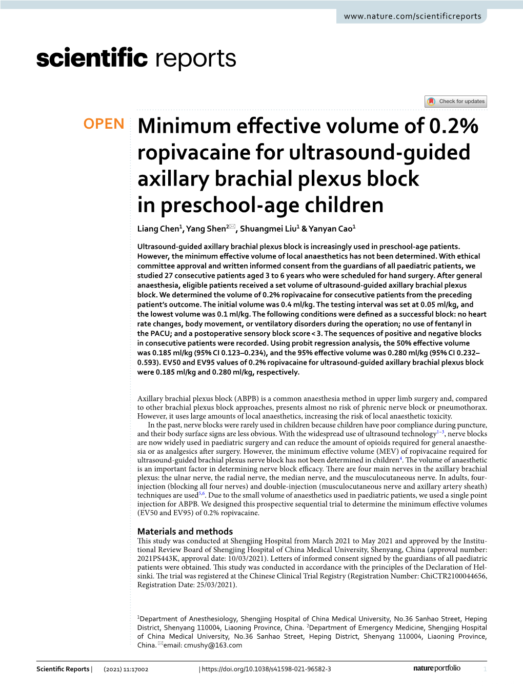 Minimum Effective Volume of 0.2% Ropivacaine for Ultrasound-Guided