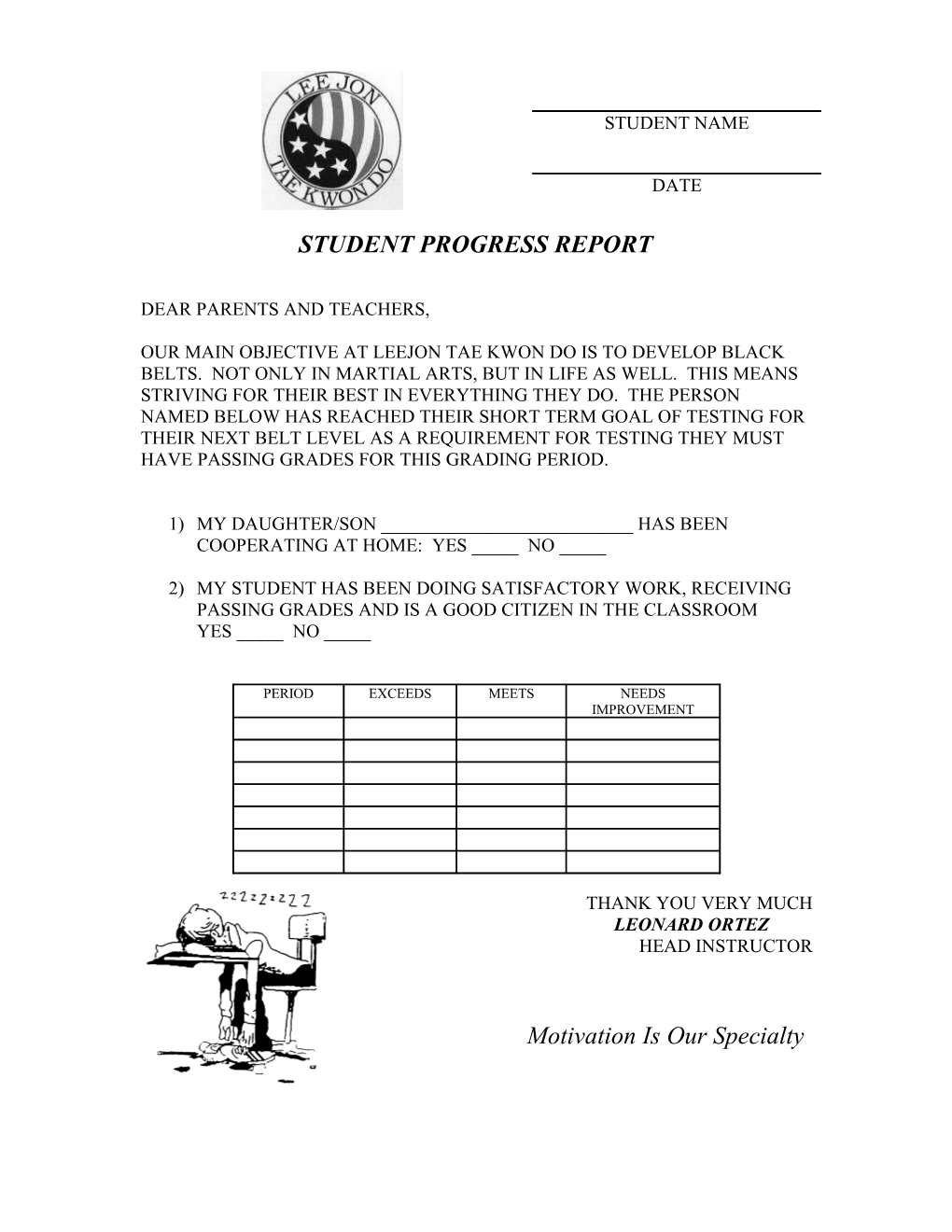 Student Progress Report