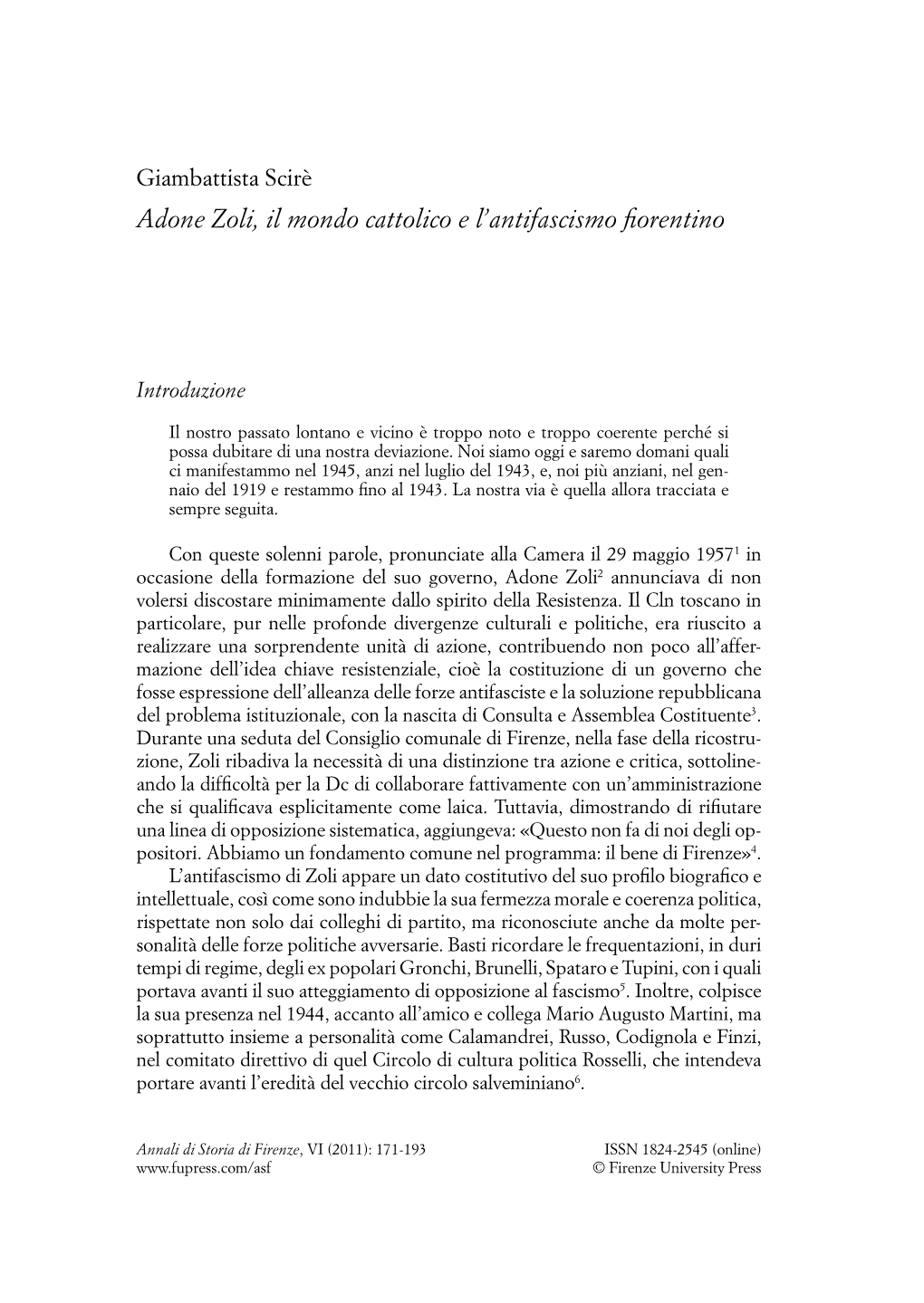 Adone Zoli, Il Mondo Cattolico E L'antifascismo Fiorentino