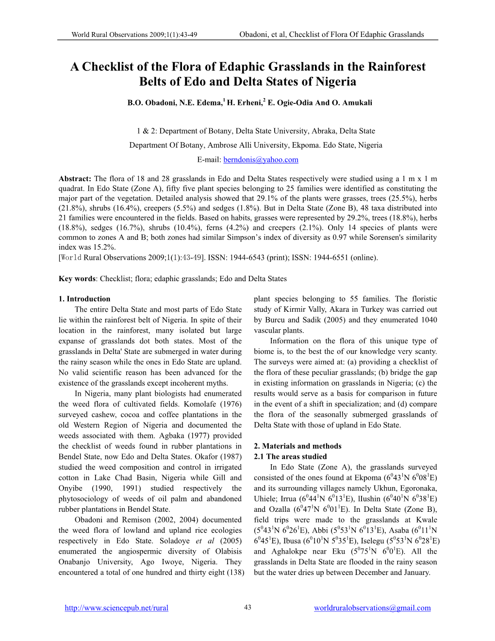 World Rural Observations 2009;1(1):43-49 Obadoni, Et Al, Checklist of Flora of Edaphic Grasslands