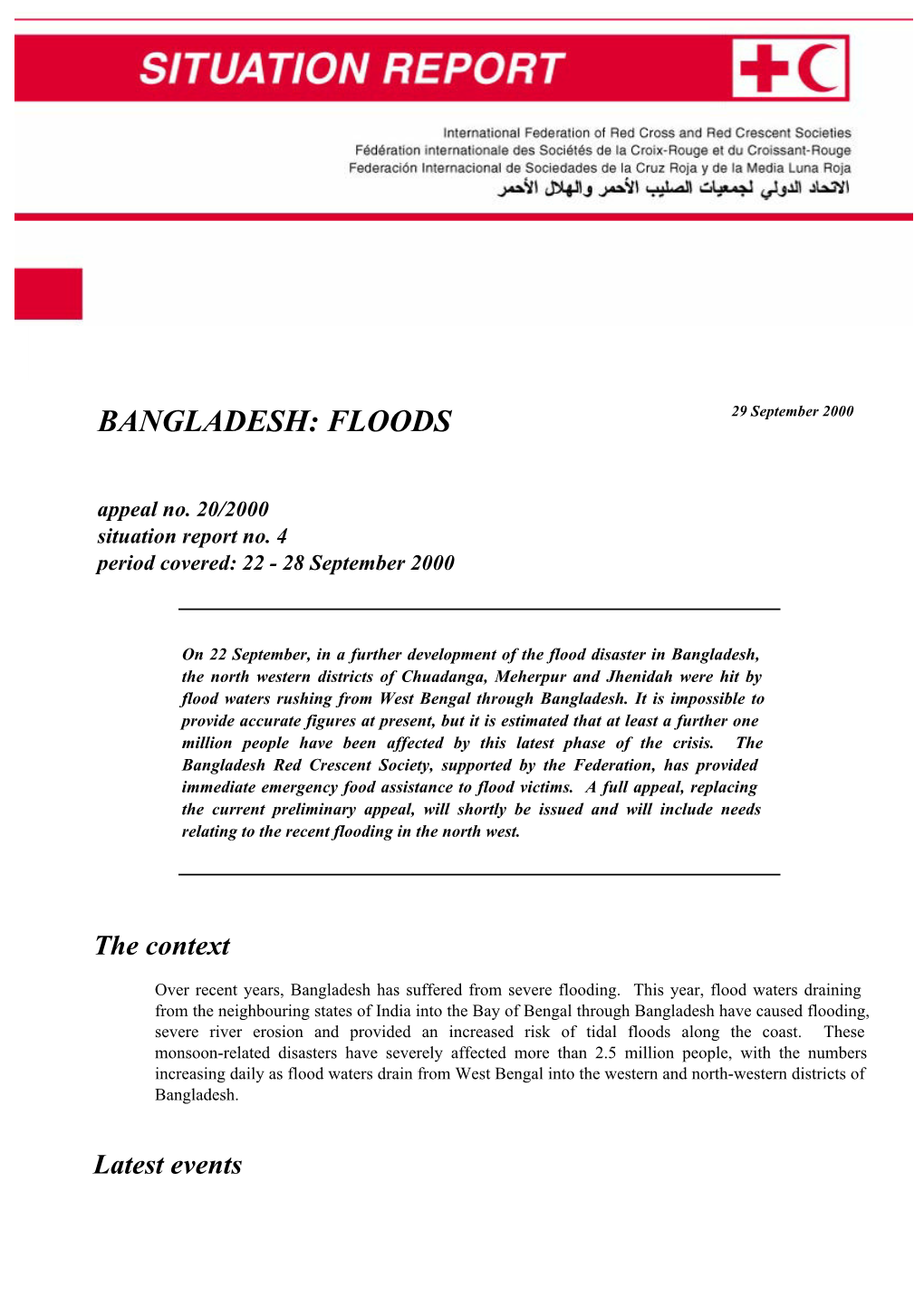 BANGLADESH FLOODS (Appeal 20/2000)