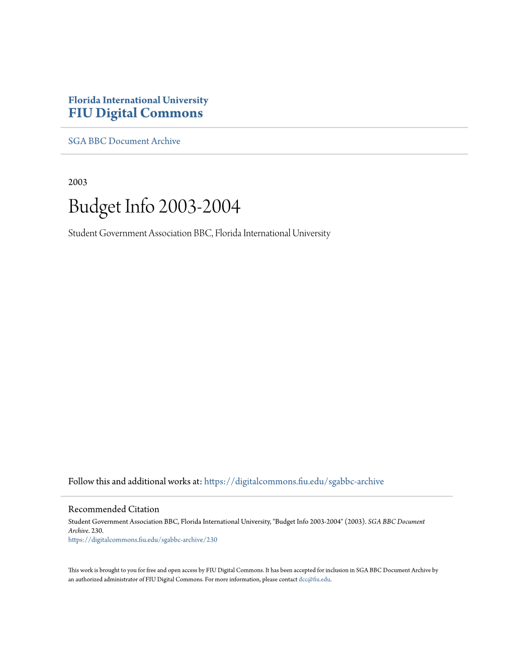 Budget Info 2003-2004 Student Government Association BBC, Florida International University
