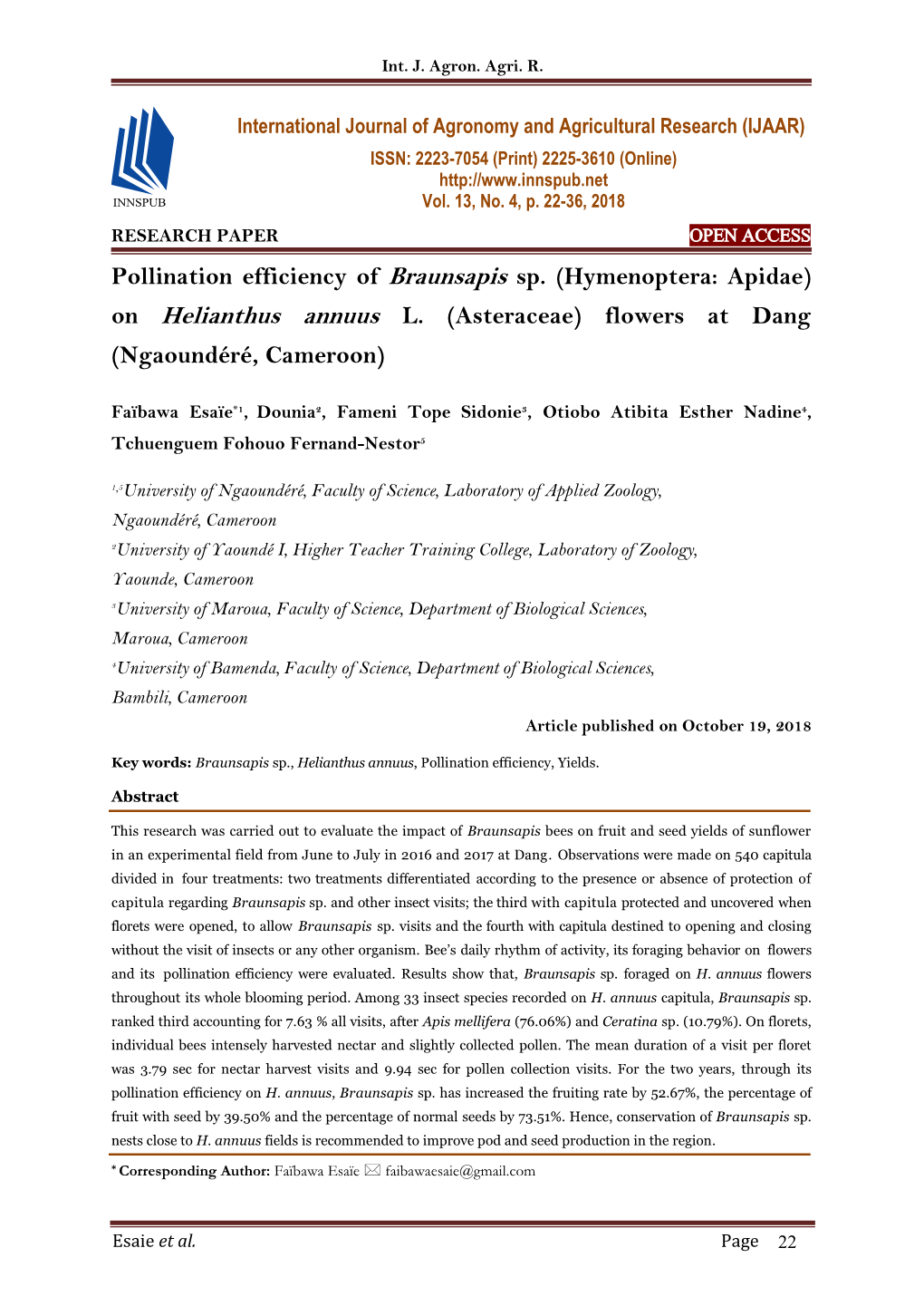 Pollination Efficiency of Braunsapis Sp. (Hymenoptera: Apidae) on Helianthus Annuus L