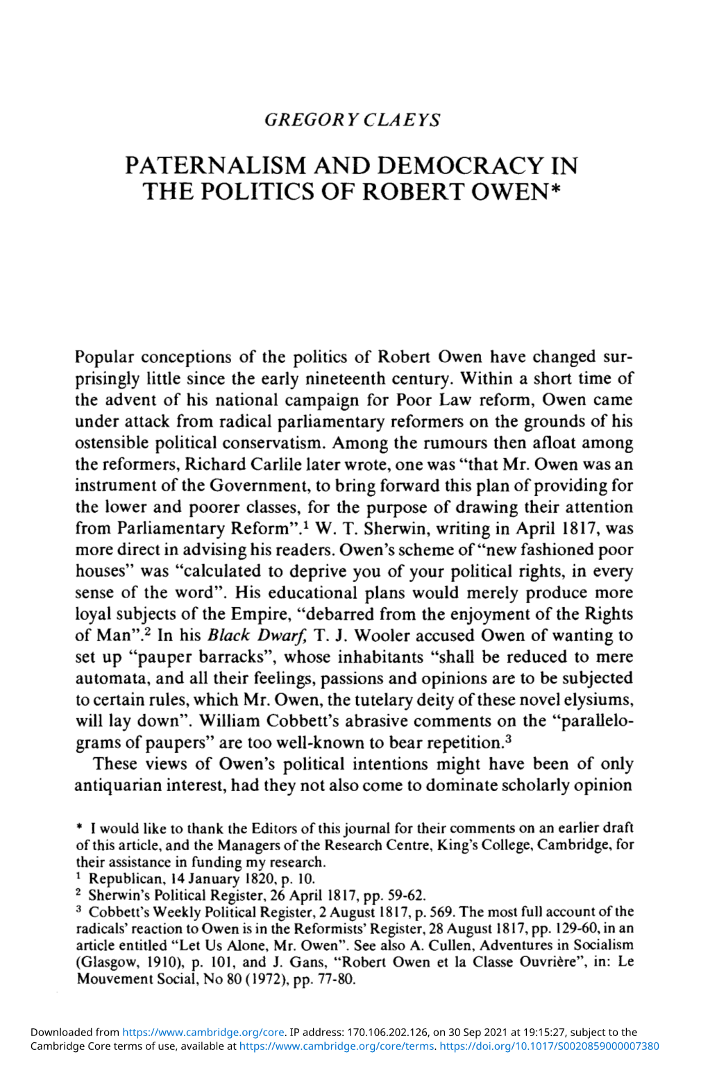 Paternalism and Democracy in the Politics of Robert Owen*