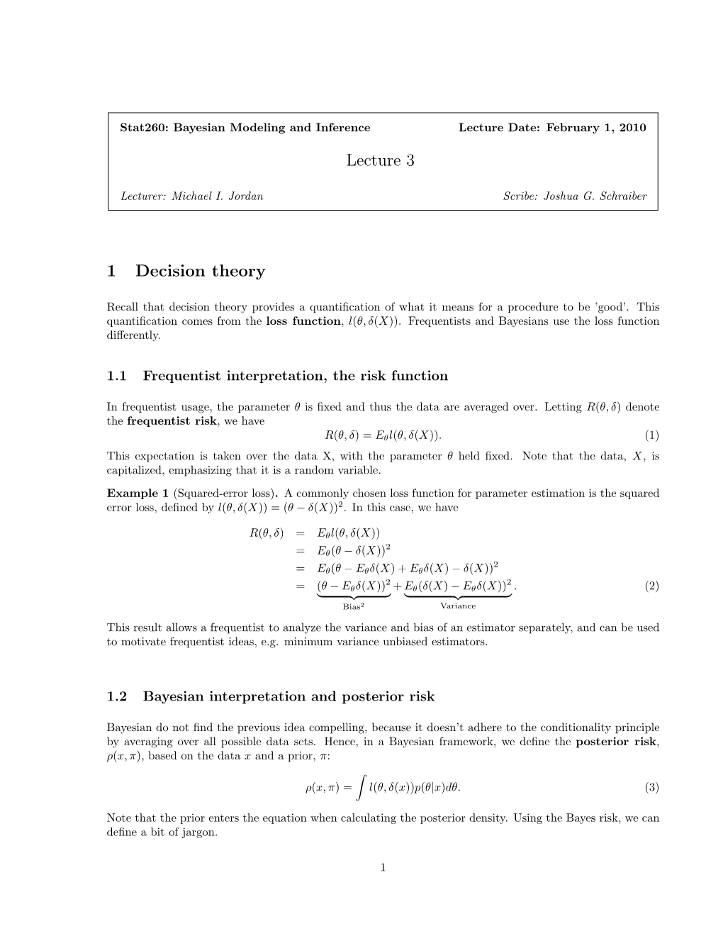 Lecture 3 1 Decision Theory