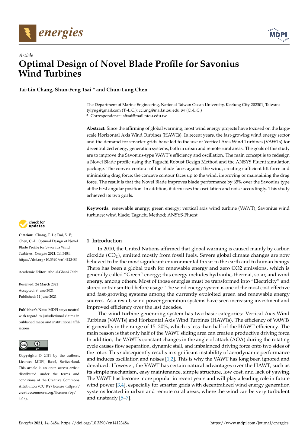 Optimal Design of Novel Blade Profile for Savonius Wind Turbines