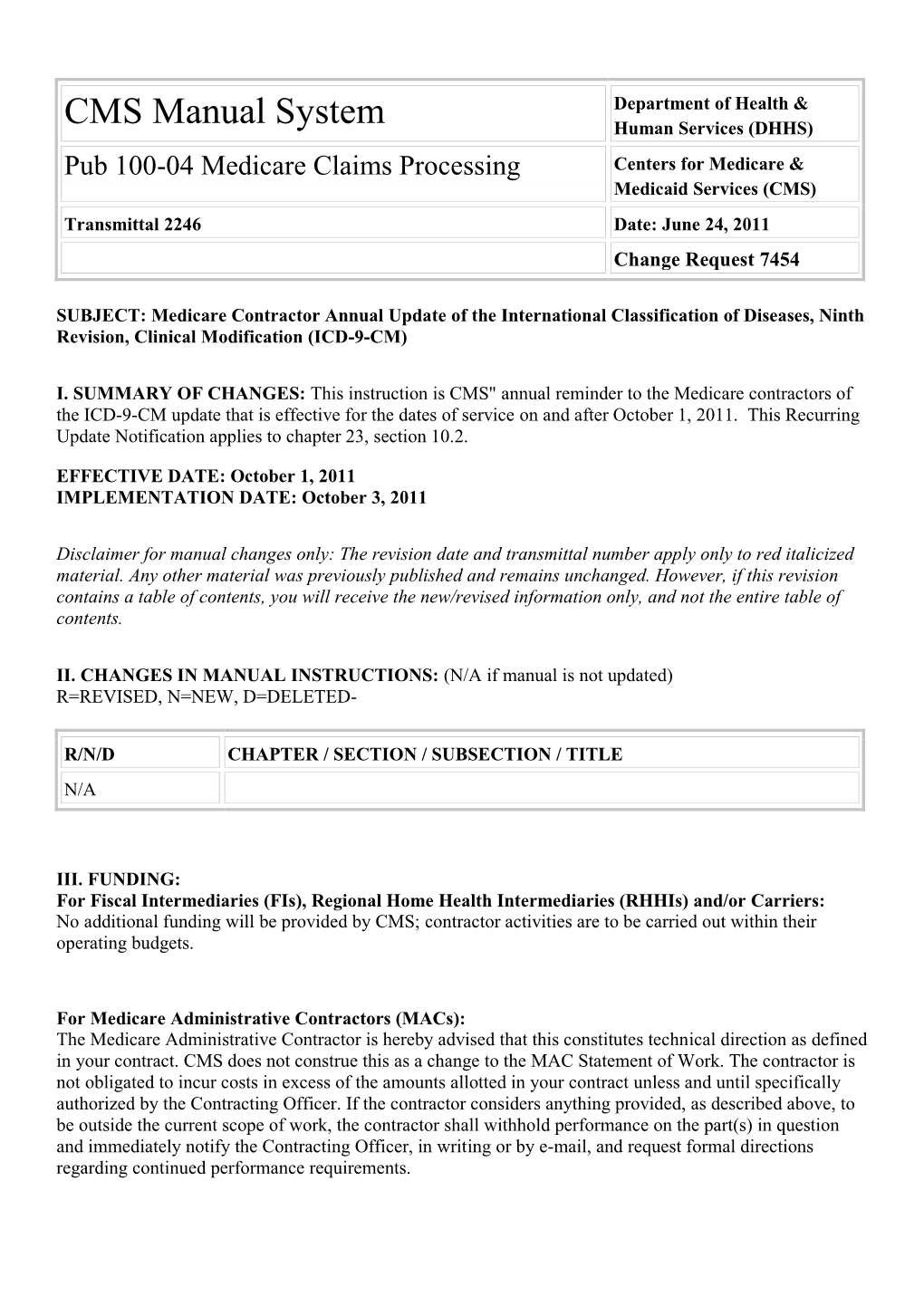 Pub 100-04 Medicare Claims Processing Centers for Medicare & Medicaid Services (CMS) Transmittal 2246 Date: June 24, 2011 Change Request 7454