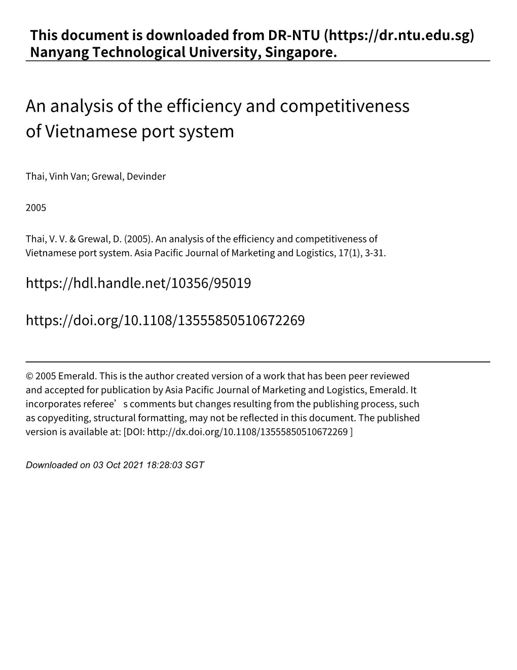 An Analysis of the Efficiency and Competitiveness of Vietnamese Port System