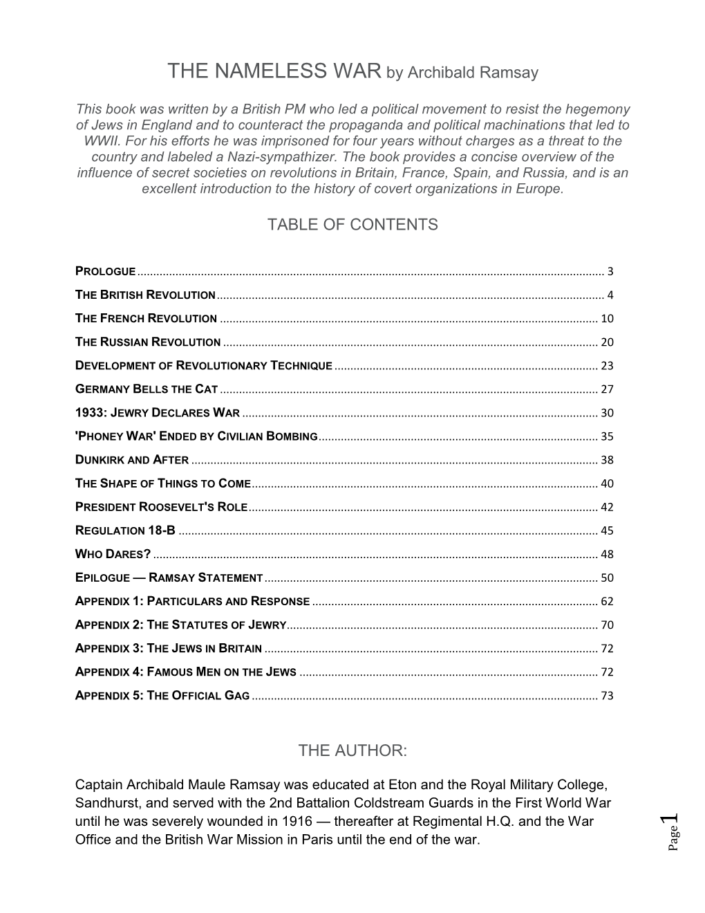 THE NAMELESS WAR by Archibald Ramsay TABLE