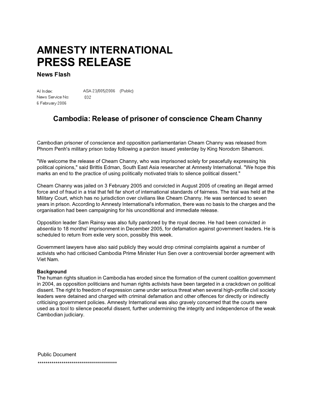 Release of Prisoner of Conscience Cheam Channy