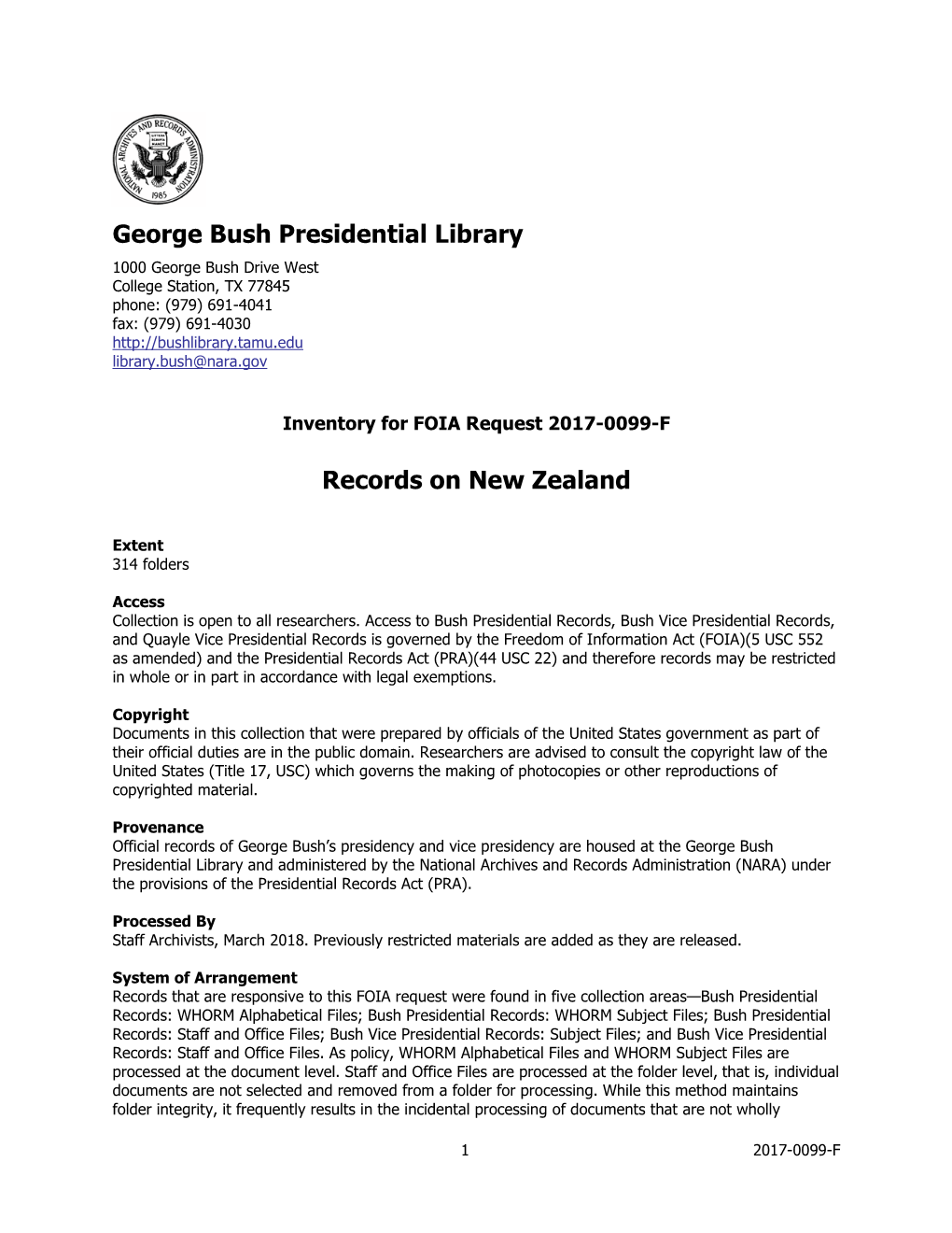 George Bush Presidential Library Records on New Zealand