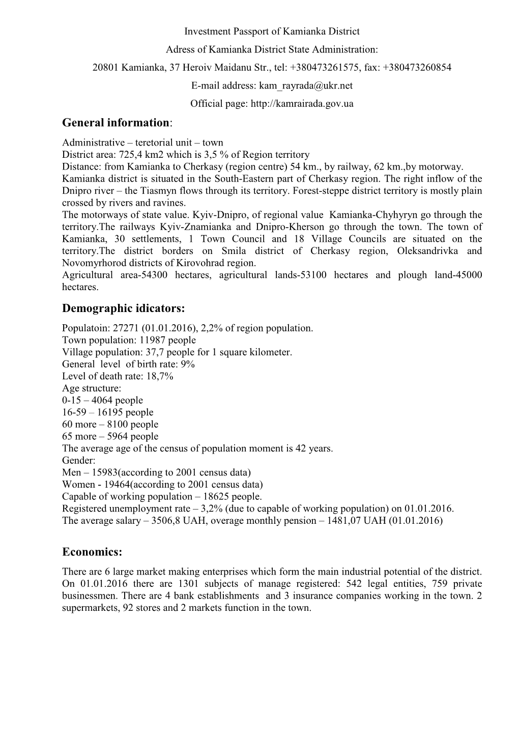 Investment Passport of Kamianka District