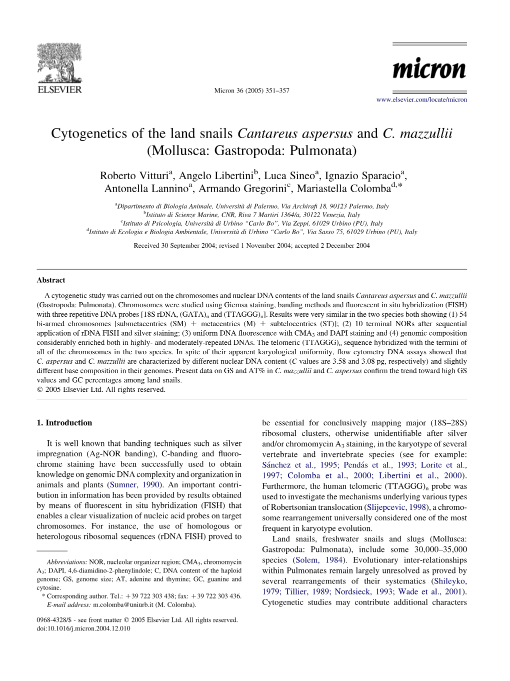 Cytogenetics of the Land Snails Cantareus Aspersus and C. Mazzullii (Mollusca: Gastropoda: Pulmonata)