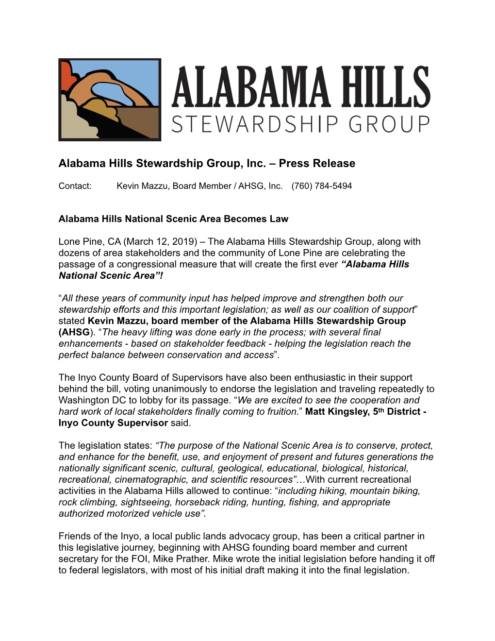 Alabama Hills Stewardship Group – Press Release