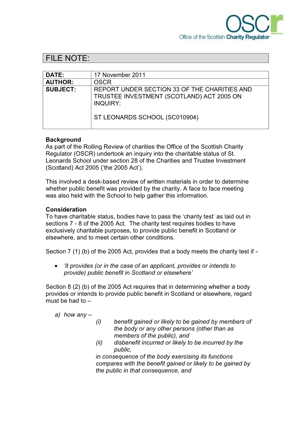 SC010904 St Leonards School Updated Inquiry Report